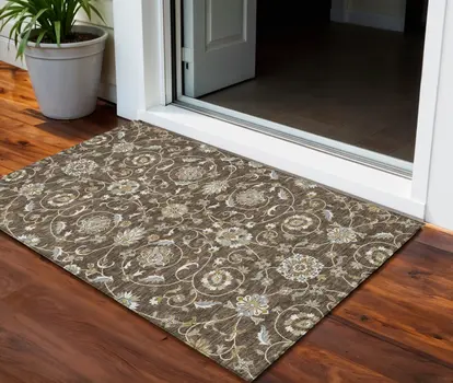 3' X 5' Chocolate Ivory And Gray Moroccan Washable Indoor Outdoor Area Rug