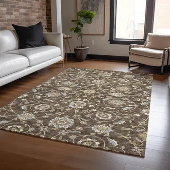 3' X 5' Chocolate Ivory And Gray Moroccan Washable Indoor Outdoor Area Rug