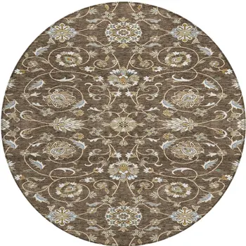 8' Chocolate Ivory And Gray Round Moroccan Washable Indoor Outdoor Area Rug