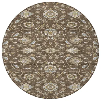 8' Chocolate Ivory And Gray Round Moroccan Washable Indoor Outdoor Area Rug