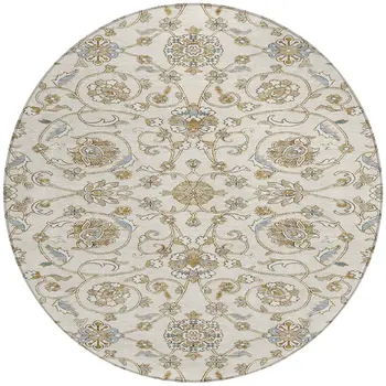 8' Ivory Brown And Gray Round Moroccan Washable Indoor Outdoor Area Rug