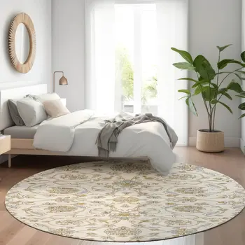 8' Ivory Brown And Gray Round Moroccan Washable Indoor Outdoor Area Rug