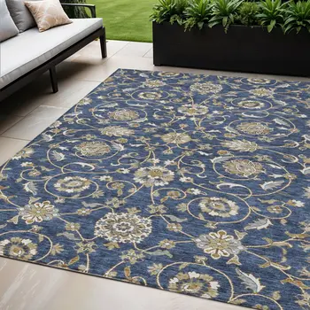 5' X 8' Navy Blue Brown And Ivory Moroccan Washable Indoor Outdoor Area Rug