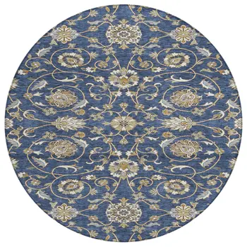 8' Navy Blue Brown And Ivory Round Moroccan Washable Indoor Outdoor Area Rug