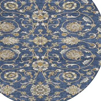 8' Navy Blue Brown And Ivory Round Moroccan Washable Indoor Outdoor Area Rug
