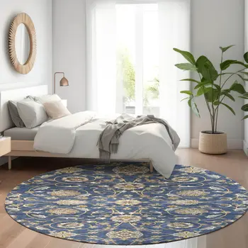 8' Navy Blue Brown And Ivory Round Moroccan Washable Indoor Outdoor Area Rug
