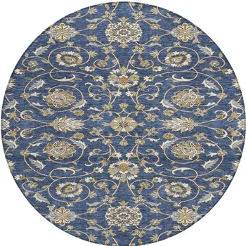 8' Navy Blue Brown And Ivory Round Moroccan Washable Indoor Outdoor Area Rug