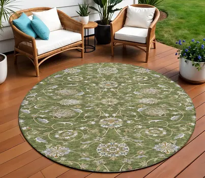 8' Olive Green Brown And Ivory Round Moroccan Washable Indoor Outdoor Area Rug