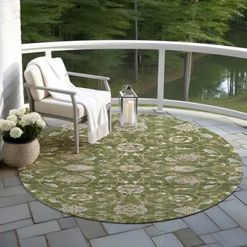 8' Olive Green Brown And Ivory Round Moroccan Washable Indoor Outdoor Area Rug