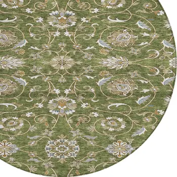 8' Olive Green Brown And Ivory Round Moroccan Washable Indoor Outdoor Area Rug