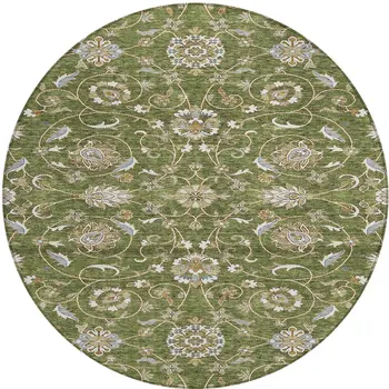 8' Olive Green Brown And Ivory Round Moroccan Washable Indoor Outdoor Area Rug