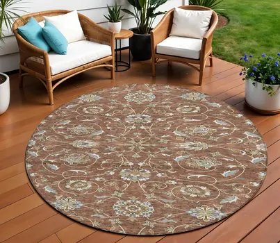 8' Brown Ivory And Gray Round Moroccan Washable Indoor Outdoor Area Rug