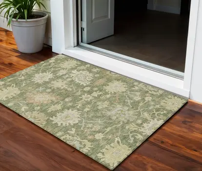 3' X 5' Artichoke Green Ivory And Tan Floral Washable Indoor Outdoor Area Rug