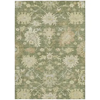 5' X 8' Artichoke Green Ivory And Tan Floral Washable Indoor Outdoor Area Rug