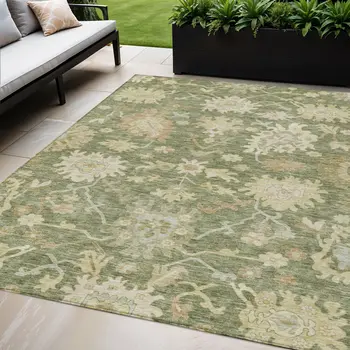 5' X 8' Artichoke Green Ivory And Tan Floral Washable Indoor Outdoor Area Rug