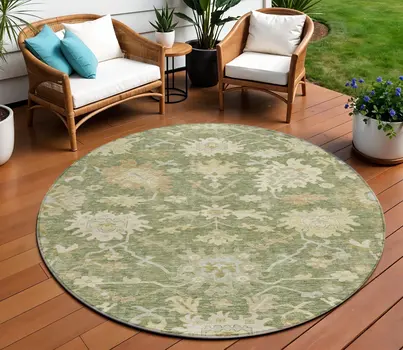 8' Artichoke Green Ivory And Tan Round Floral Washable Indoor Outdoor Area Rug