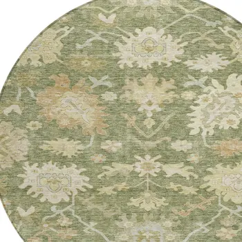 8' Artichoke Green Ivory And Tan Round Floral Washable Indoor Outdoor Area Rug