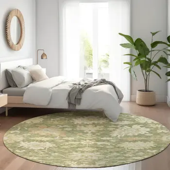 8' Artichoke Green Ivory And Tan Round Floral Washable Indoor Outdoor Area Rug