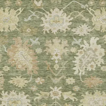 8' X 10' Artichoke Green Ivory And Tan Floral Washable Indoor Outdoor Area Rug