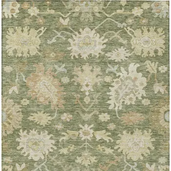 9' X 12' Artichoke Green Ivory And Tan Floral Washable Indoor Outdoor Area Rug
