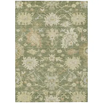 10' X 14' Artichoke Green Ivory And Tan Floral Washable Indoor Outdoor Area Rug