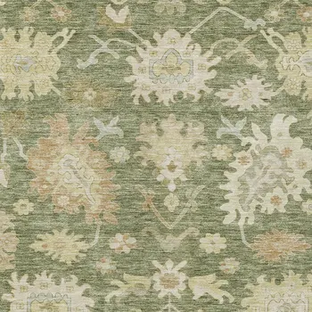 10' X 14' Artichoke Green Ivory And Tan Floral Washable Indoor Outdoor Area Rug
