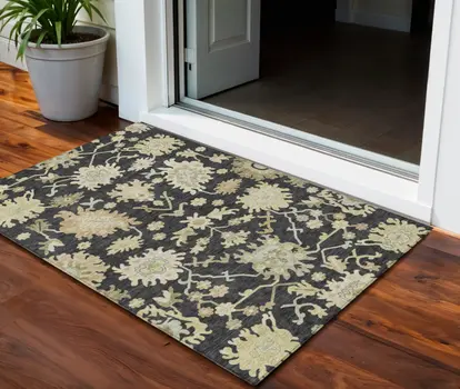 3' X 5' Black And Ivory Floral Washable Indoor Outdoor Area Rug