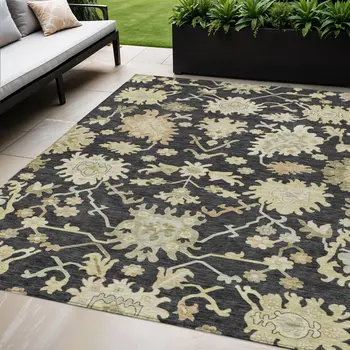 5' X 8' Black And Ivory Floral Washable Indoor Outdoor Area Rug