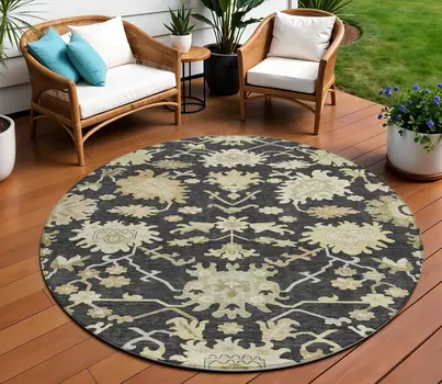 8' Black And Ivory Round Floral Washable Indoor Outdoor Area Rug