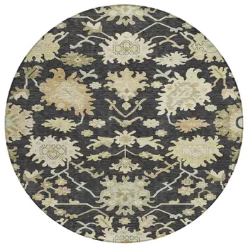 8' Black And Ivory Round Floral Washable Indoor Outdoor Area Rug