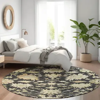 8' Black And Ivory Round Floral Washable Indoor Outdoor Area Rug