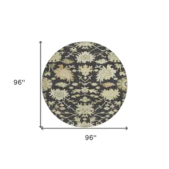 8' Black And Ivory Round Floral Washable Indoor Outdoor Area Rug