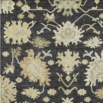 8' X 10' Black And Ivory Floral Washable Indoor Outdoor Area Rug