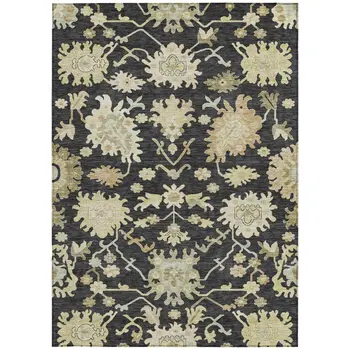 9' X 12' Black And Ivory Floral Washable Indoor Outdoor Area Rug