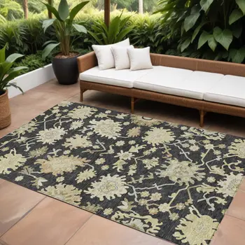 9' X 12' Black And Ivory Floral Washable Indoor Outdoor Area Rug