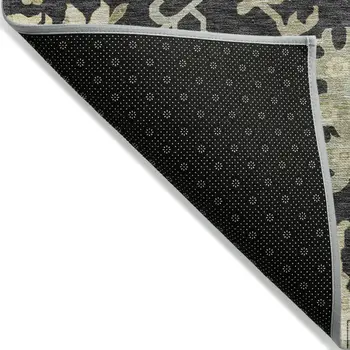 9' X 12' Black And Ivory Floral Washable Indoor Outdoor Area Rug