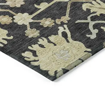 9' X 12' Black And Ivory Floral Washable Indoor Outdoor Area Rug