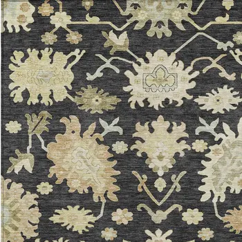 10' X 14' Black And Ivory Floral Washable Indoor Outdoor Area Rug
