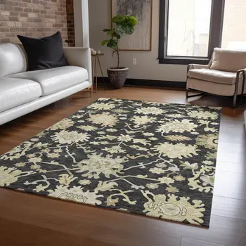 10' X 14' Black And Ivory Floral Washable Indoor Outdoor Area Rug