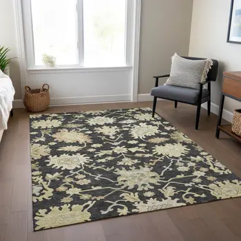 10' X 14' Black And Ivory Floral Washable Indoor Outdoor Area Rug