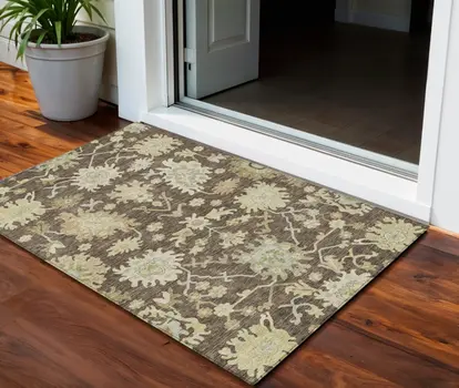 3' X 5' Chocolate And Beige Floral Washable Indoor Outdoor Area Rug