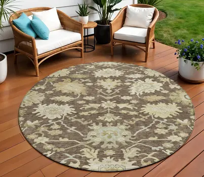 8' Chocolate And Beige Round Floral Washable Indoor Outdoor Area Rug
