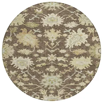 8' Chocolate And Beige Round Floral Washable Indoor Outdoor Area Rug