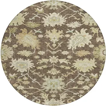 8' Chocolate And Beige Round Floral Washable Indoor Outdoor Area Rug