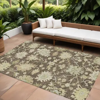 8' X 10' Chocolate And Beige Floral Washable Indoor Outdoor Area Rug