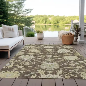 8' X 10' Chocolate And Beige Floral Washable Indoor Outdoor Area Rug