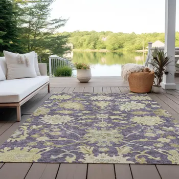 3' X 5' Eggplant Beige And Green Floral Washable Indoor Outdoor Area Rug