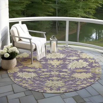 8' Eggplant Beige And Green Round Floral Washable Indoor Outdoor Area Rug