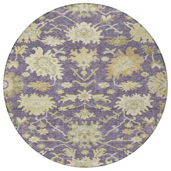 8' Eggplant Beige And Green Round Floral Washable Indoor Outdoor Area Rug