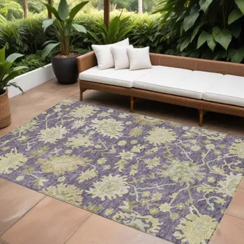 8' X 10' Eggplant Beige And Green Floral Washable Indoor Outdoor Area Rug
